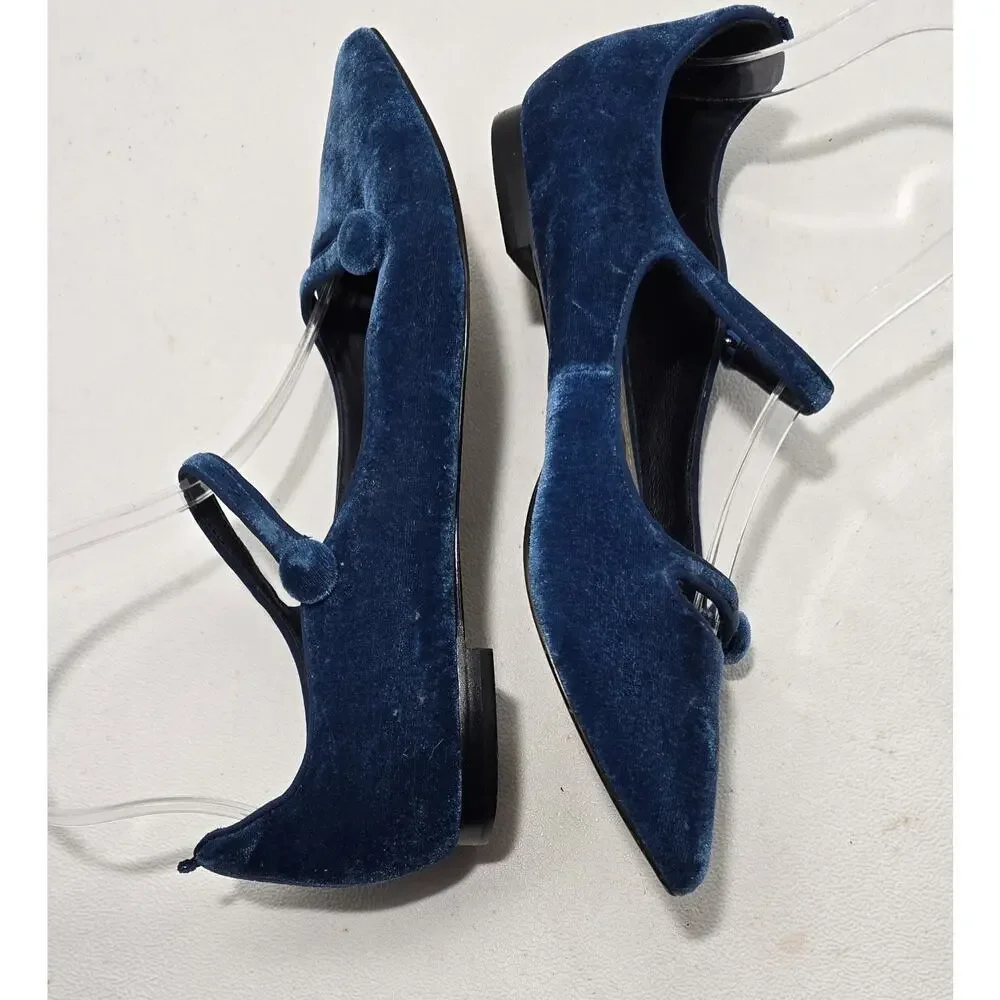BODEN Women's Velvet Mary Jane Blue Button Accents Pointed Toe Sz 36